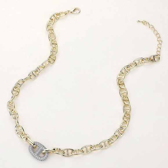 Gold Mariner Link Necklace With Pave Crystals - Picture 1 of 5